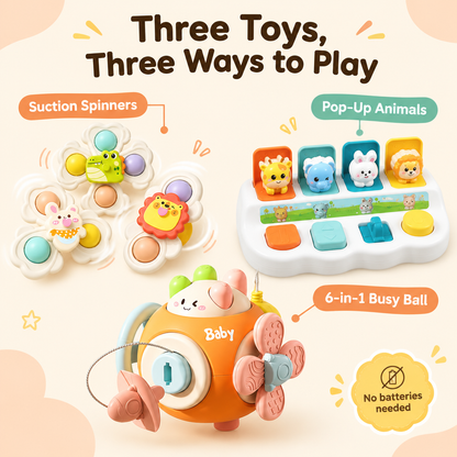 Three toys, three ways to play, no batteries needed