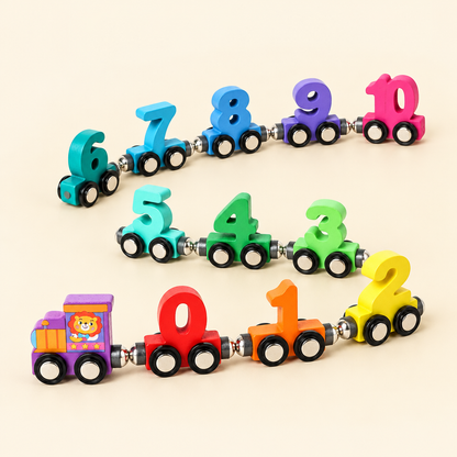 Wooden magnetic number train with cars 0 to 10