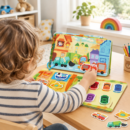 Child placing stickers in the busy book