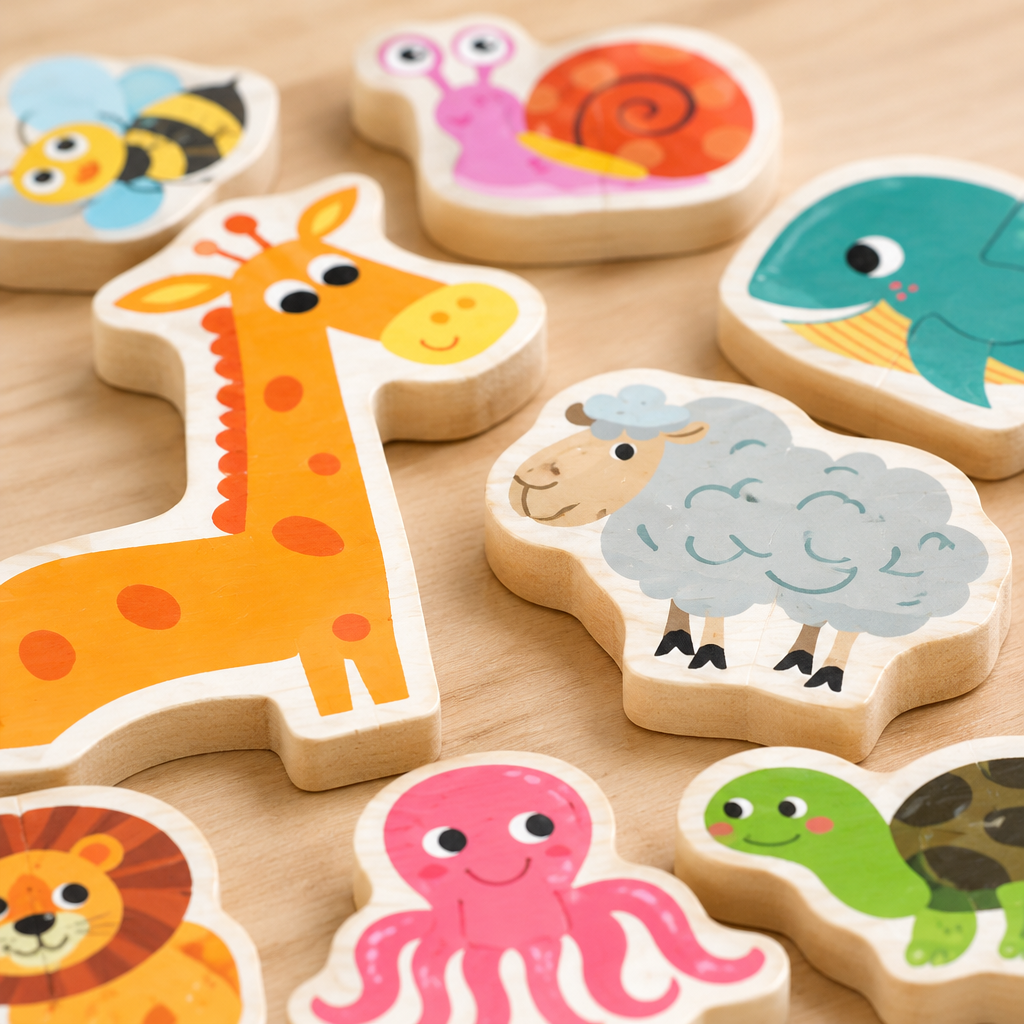 Close-up of thick wooden animal puzzle pieces