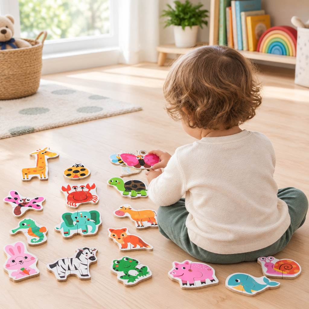 Toddler matching wooden animal puzzle pieces