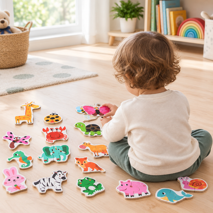 Toddler matching wooden animal puzzle pieces