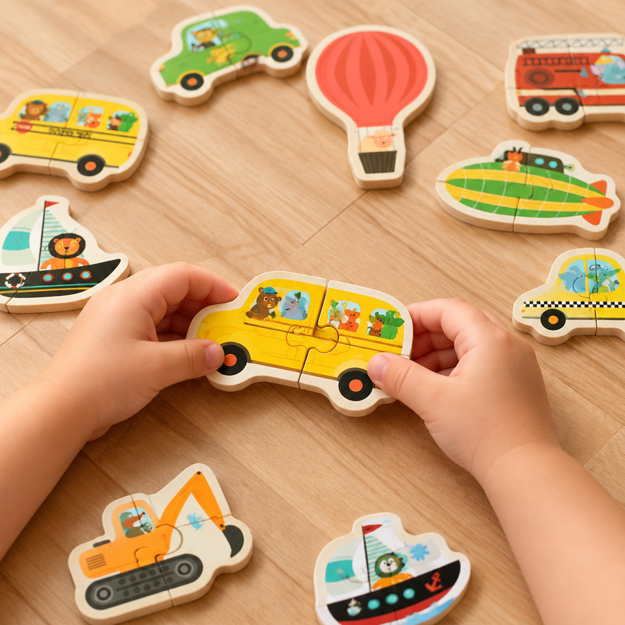 Child's hands fitting wooden vehicle puzzle halves