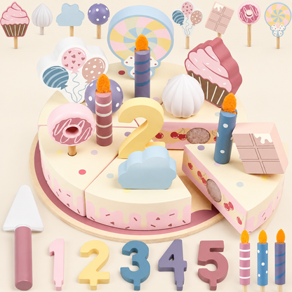 Wooden birthday cake with candles, toppers and treats