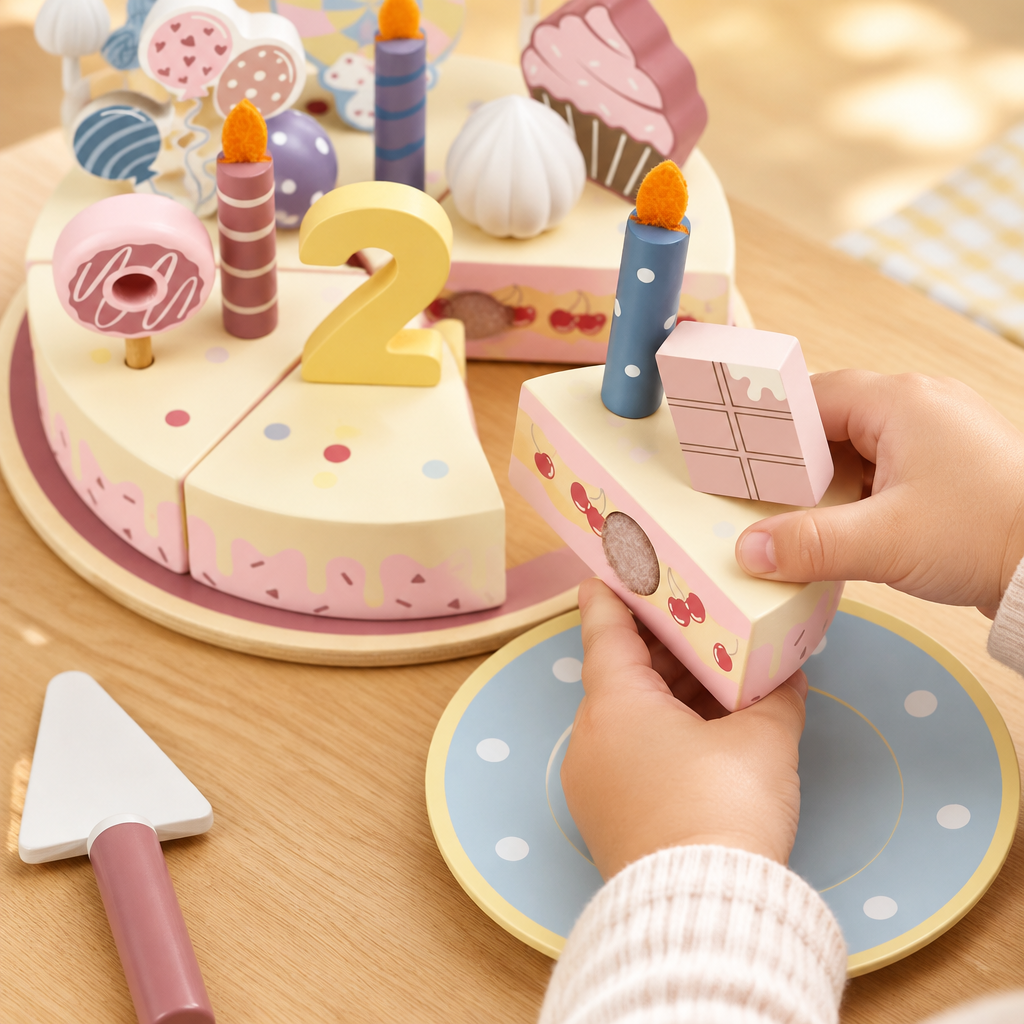 Child's hands lifting a wooden cake slice