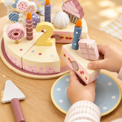 Child's hands lifting a wooden cake slice
