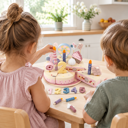 Two children playing birthday party with the wooden cake