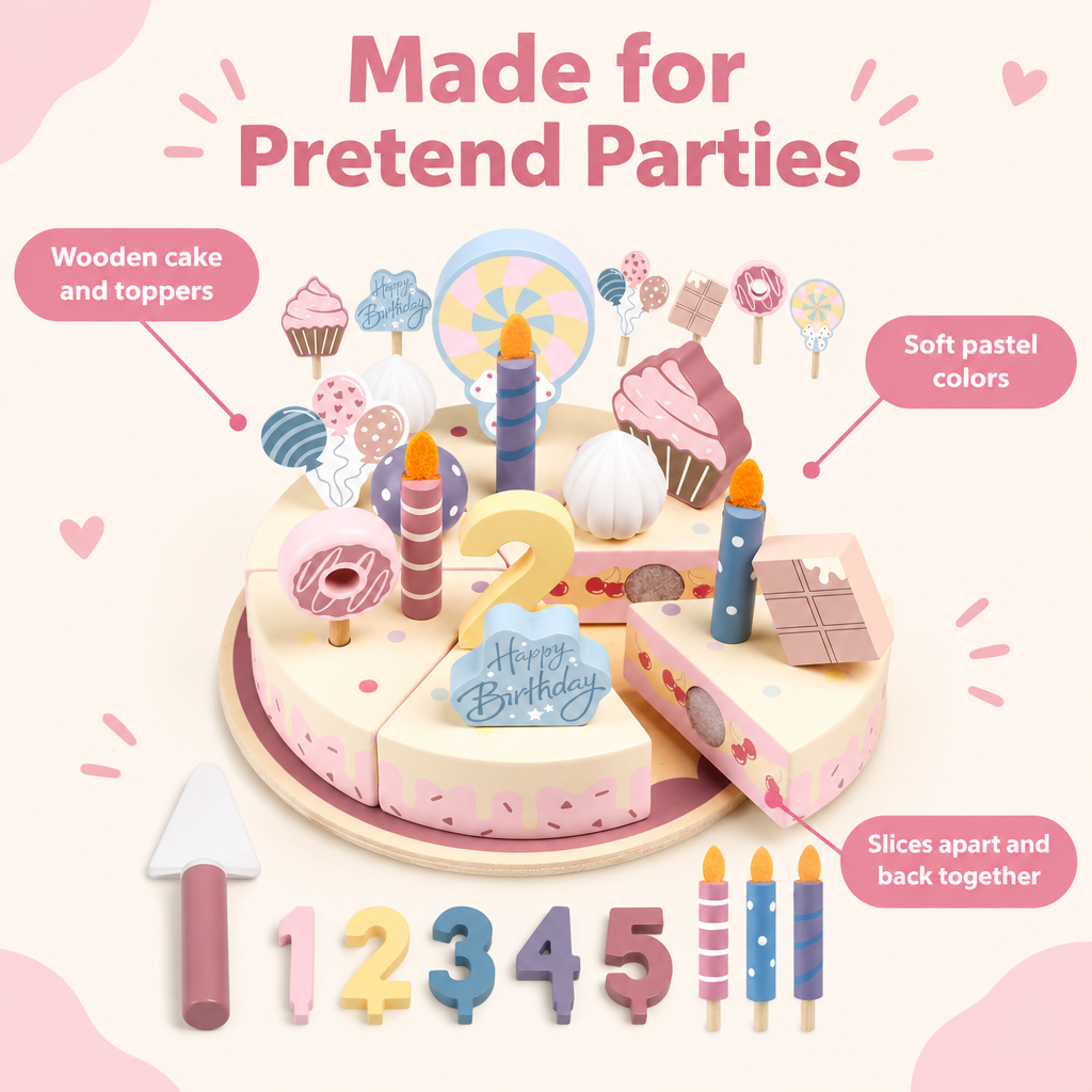 Wooden cake and toppers in soft pastel colors