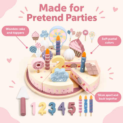 Wooden cake and toppers in soft pastel colors