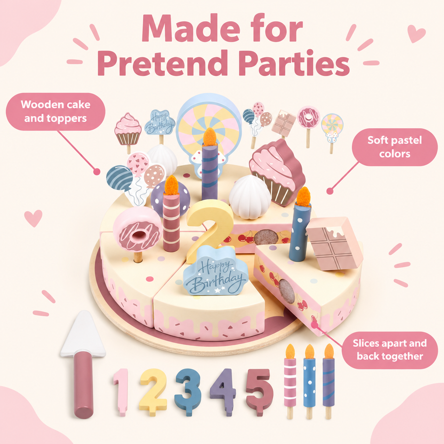 Wooden cake and toppers in soft pastel colors