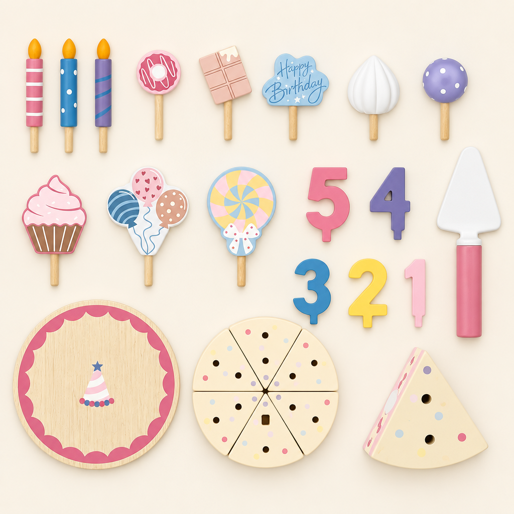Everything in the wooden birthday cake set