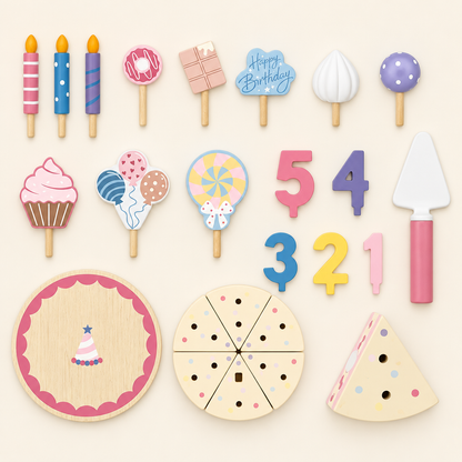 Everything in the wooden birthday cake set