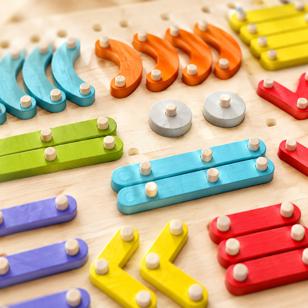Close-up of colorful bars and curves on the pegs