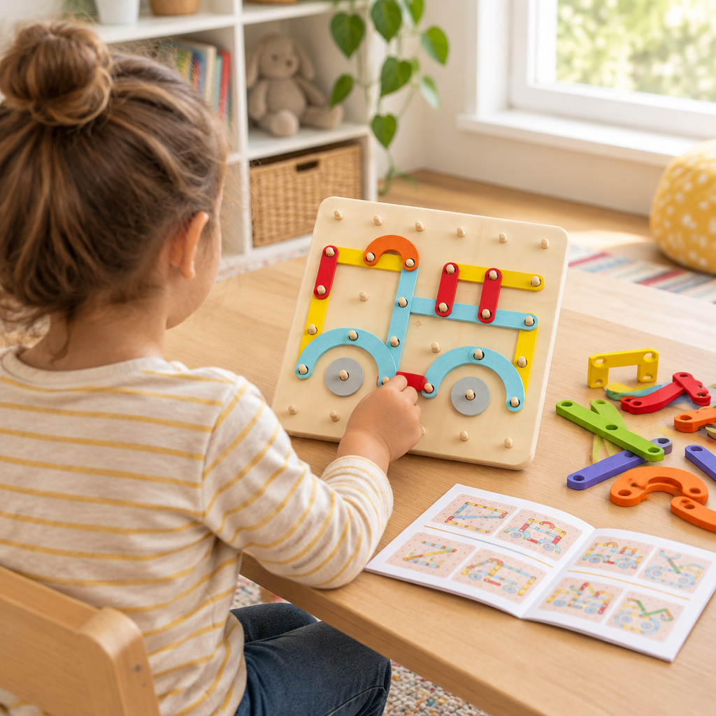 Child building a picture on the wooden pegboard
