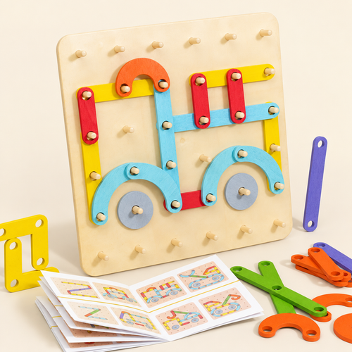 Wooden pegboard with colorful pieces and pattern booklet