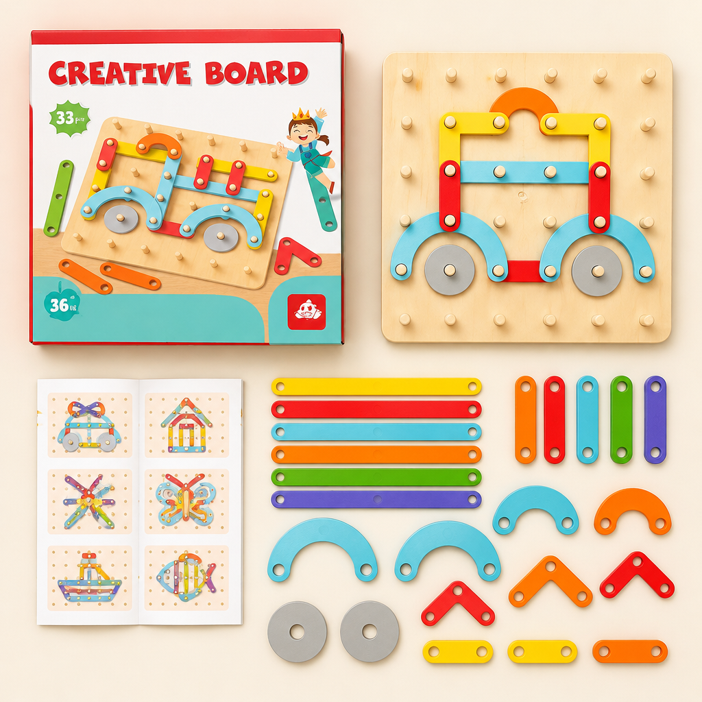 What is in the box: pegboard, pieces and booklet