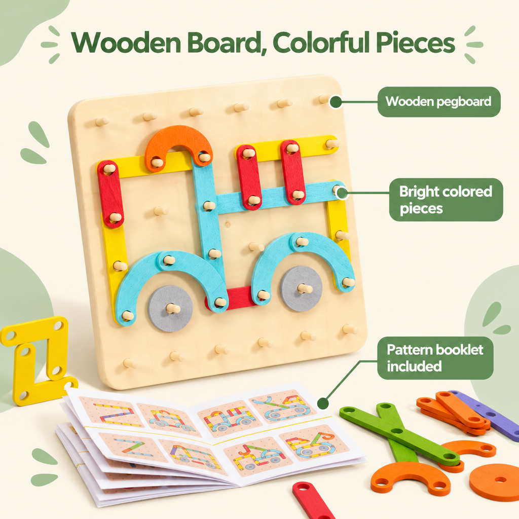 Wooden pegboard, colorful pieces and pattern booklet