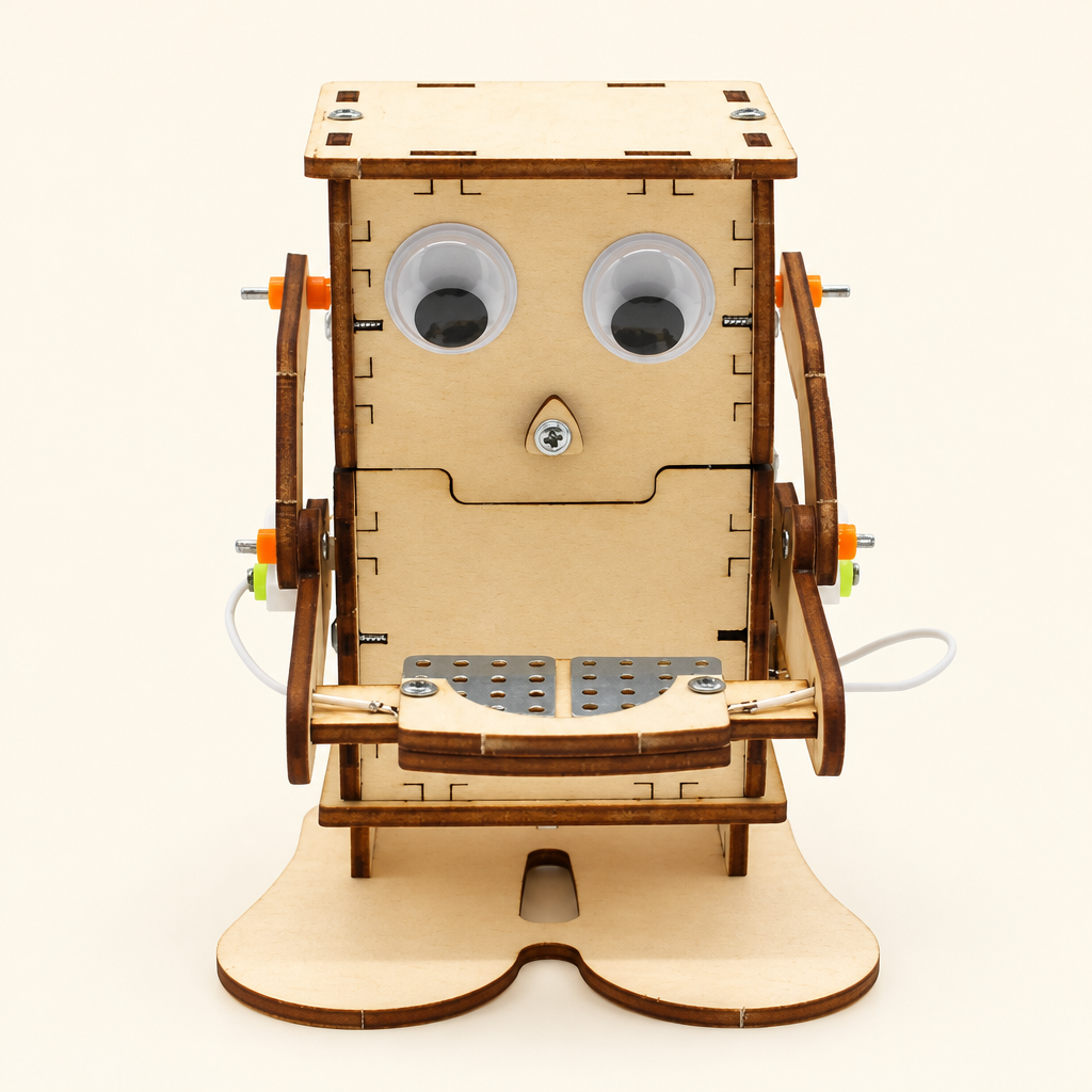 Wooden coin-eating robot kit assembled