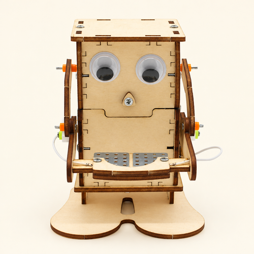 Wooden coin-eating robot kit assembled
