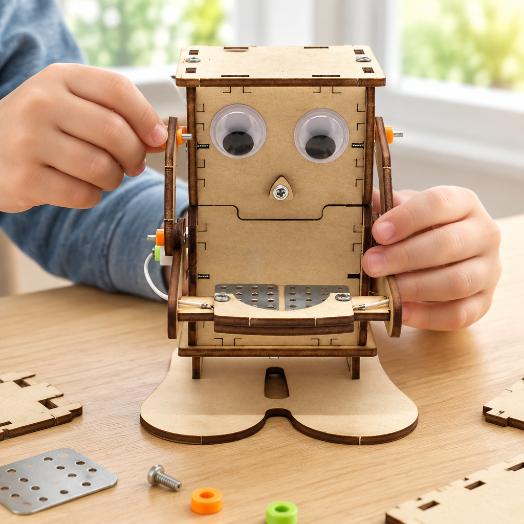 Hands assembling the wooden robot