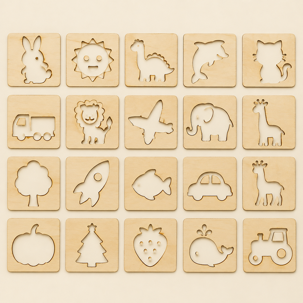 20 wooden stencils flat lay