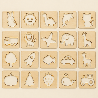 20 wooden stencils flat lay
