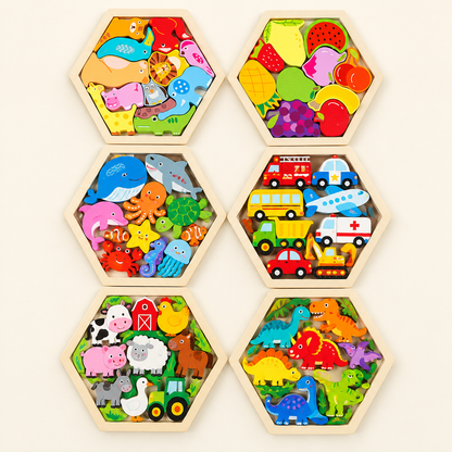 Six puzzle trays flat lay