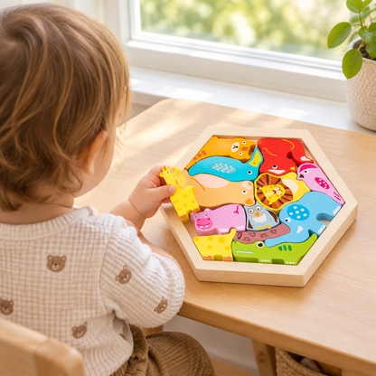 Toddler placing a wooden piece in the tray