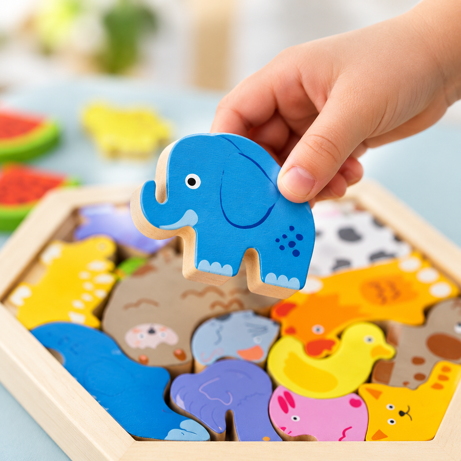 Hand holding a wooden elephant piece