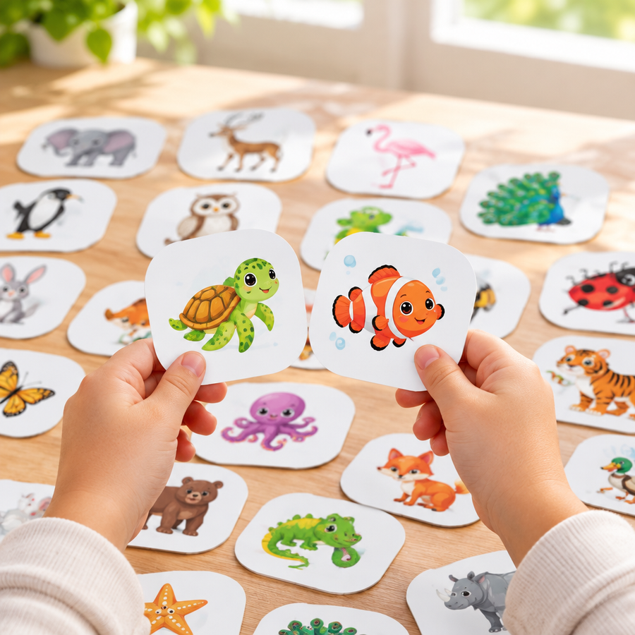 Hands holding two animal cards