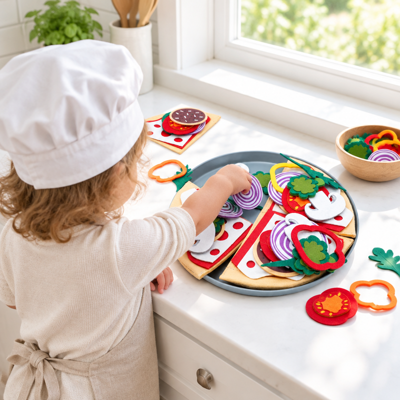 Toddler playing with the felt pizza set