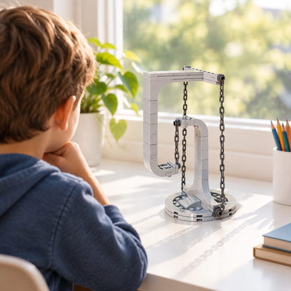 Child building the tensegrity set at a desk, seen from behind