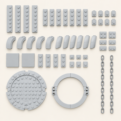 Everything included in the tensegrity building set, flat lay