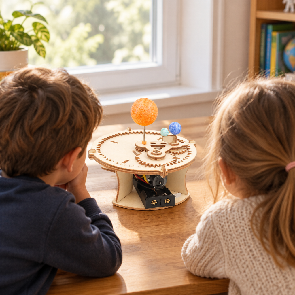 Kids building the wooden solar system model together