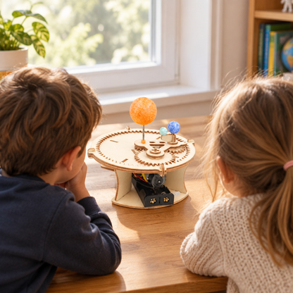 Kids building the wooden solar system model together