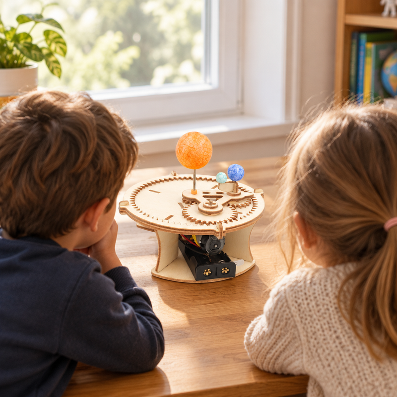 Kids building the wooden solar system model together