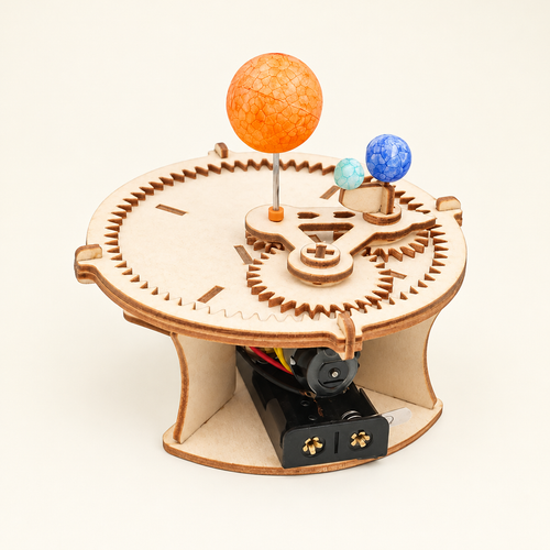 Wooden motorized solar system model kit assembled