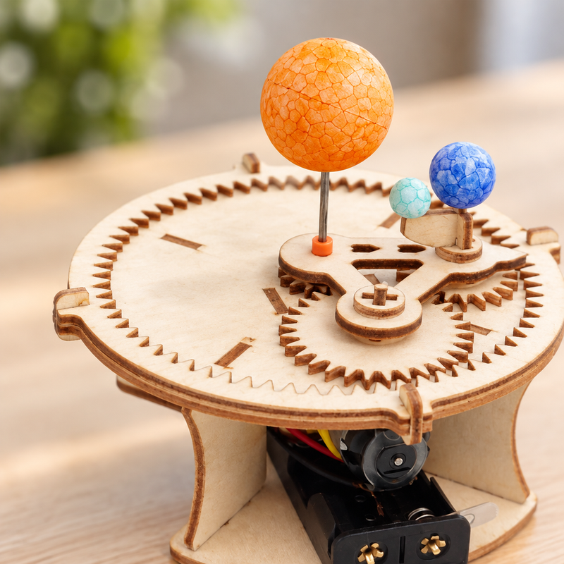 Close-up of the sun, earth and moon on the motorized model