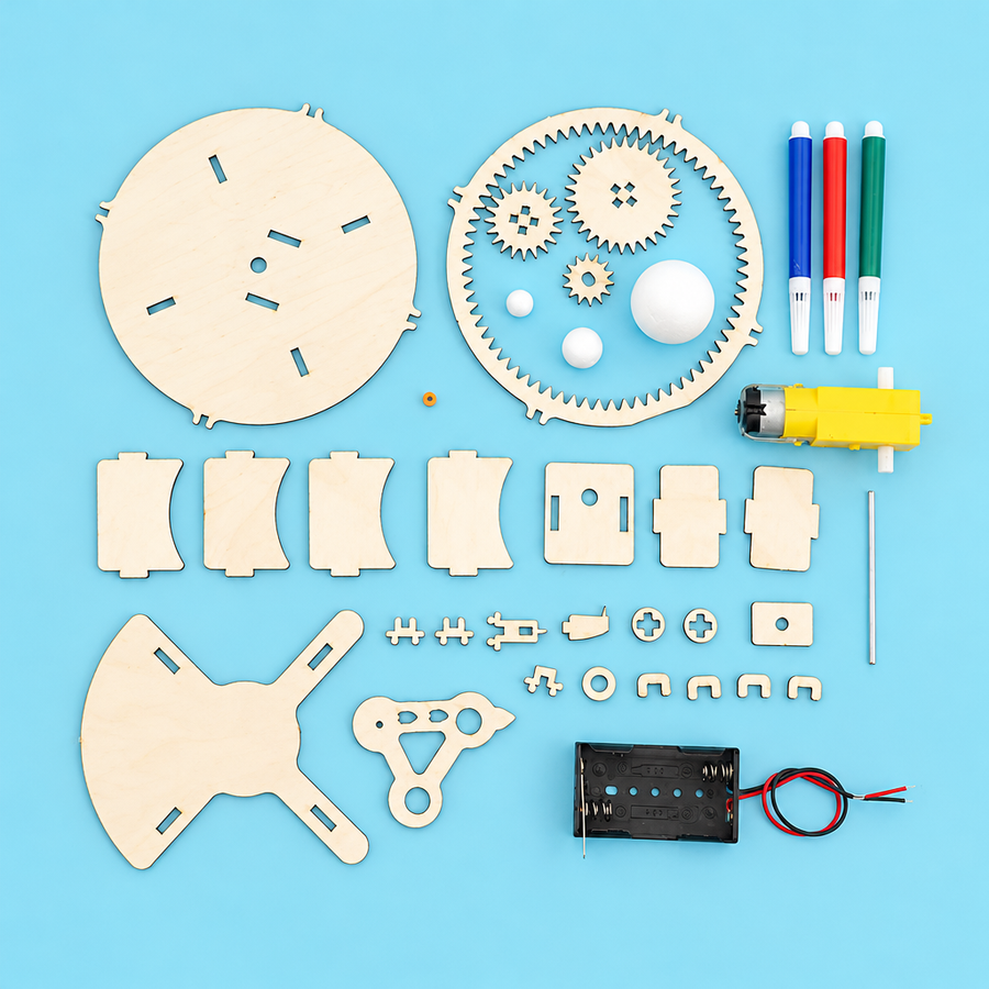 Everything included in the solar system kit, flat lay