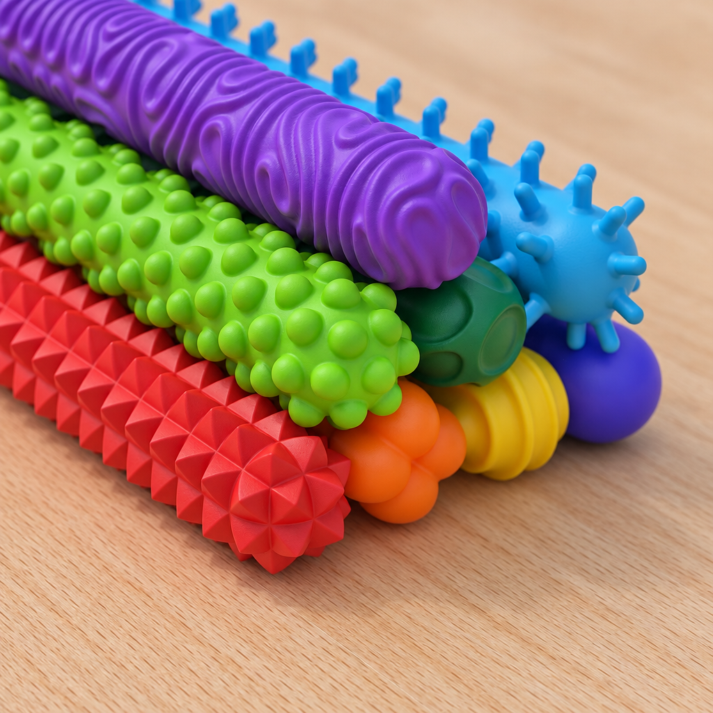 Close-up of the textures on the silicone fidget sticks