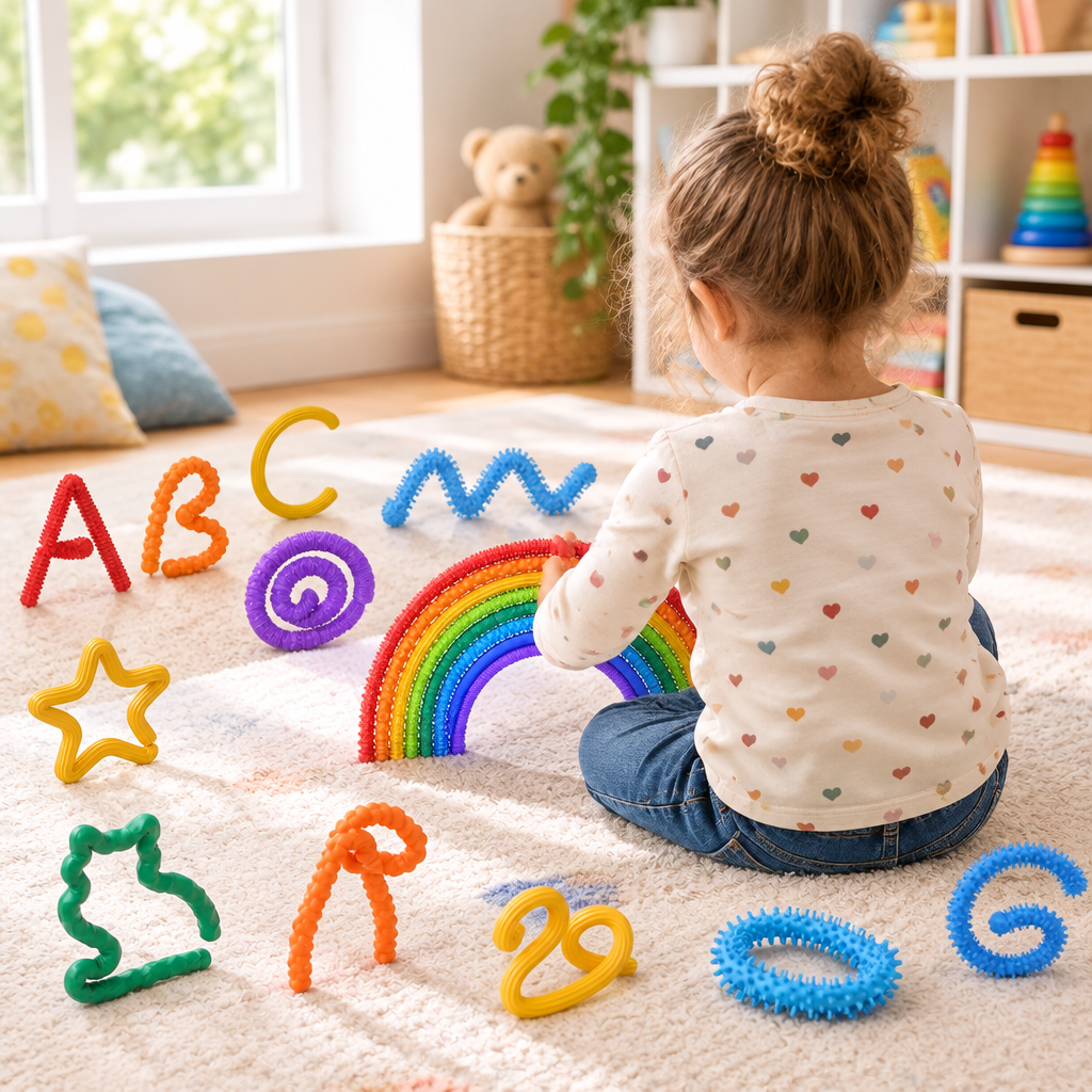 Child playing with fidget sticks, seen from behind