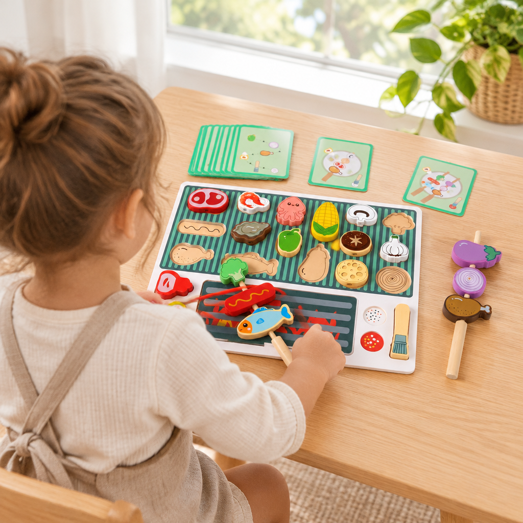 Child playing with wooden pretend food, seen from behind