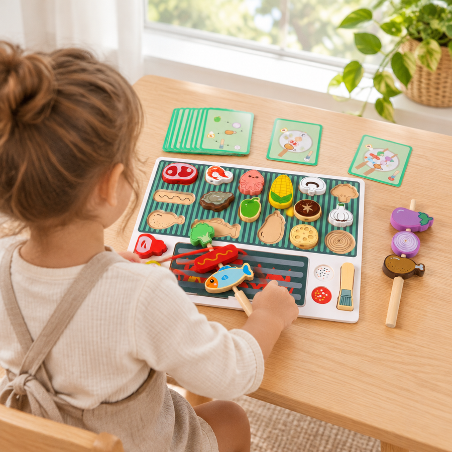 Child playing with wooden pretend food, seen from behind