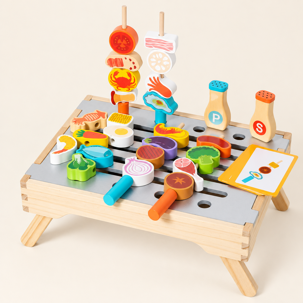 Wooden tabletop grill pretend play set