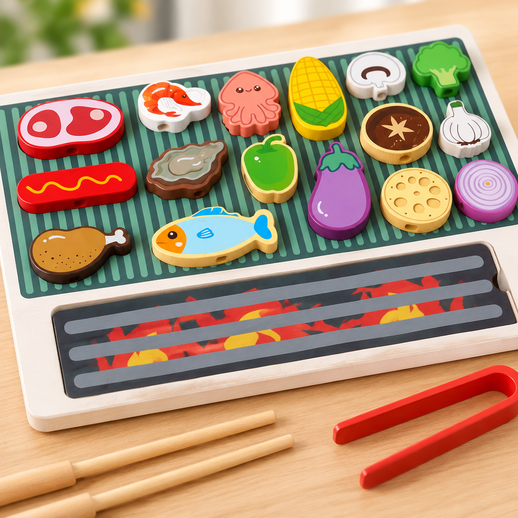 Close-up of wooden pretend play food pieces