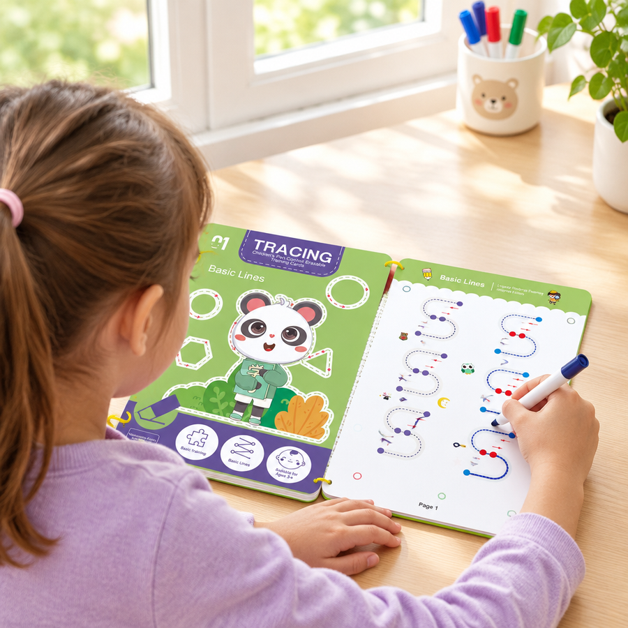 Child tracing with the magic pen, seen from behind