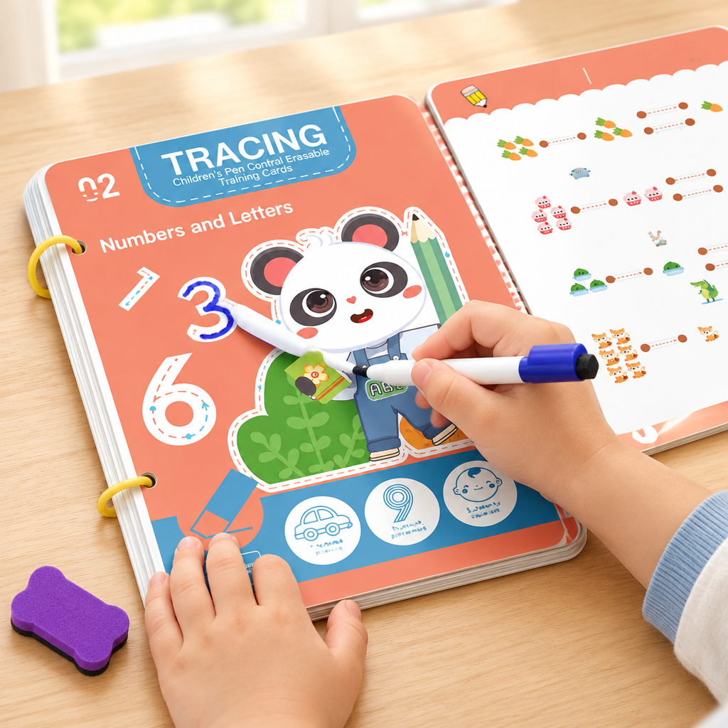 Hands tracing grooves in the reusable workbook