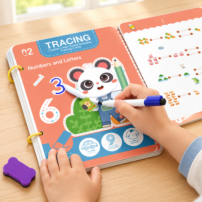 Hands tracing grooves in the reusable workbook