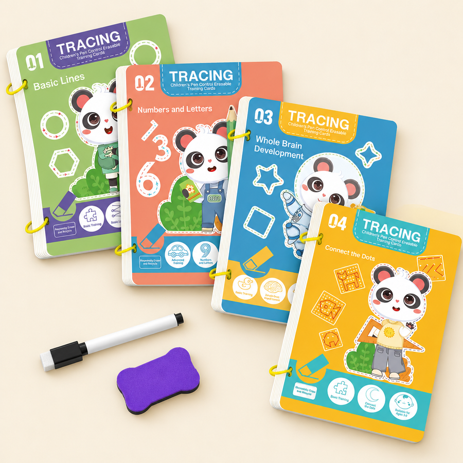 All four tracing workbooks flat lay