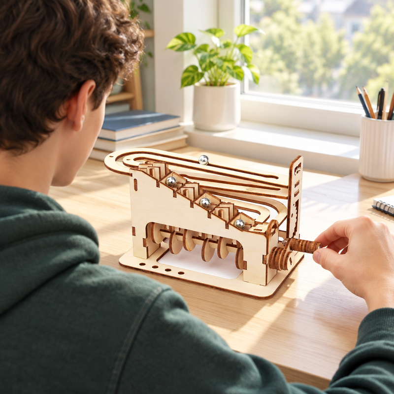Teen building the wooden marble run, seen from behind